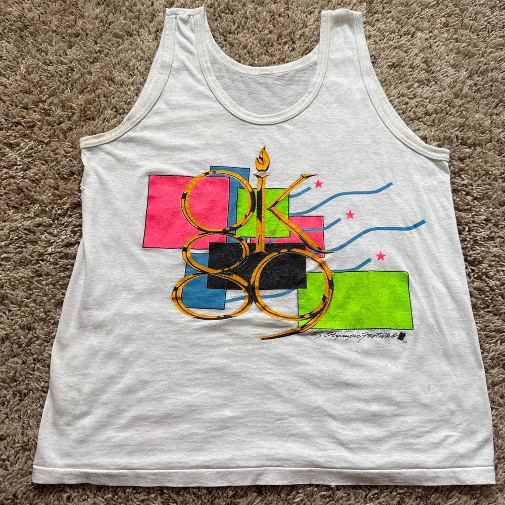 Vintage 1989 US Olympic Festival Oklahoma Tank Top White Neon Single Stitch S